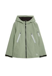Giacca verde chiaro con cappuccio, dotata di chiusura a zip nera e tre tasche con zip; texture liscia e vestibilità rilassata.