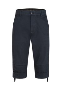 Navy shorts made from soft fabric, featuring a tailored design, buttoned front, and adjustable cuffs with a drawstring detail.