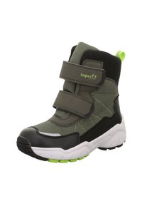 Grüner und schwarzer Mid-Höhen-Stiefel aus Mesh und Synthetikleder, ausgestattet mit zwei Klettverschlüssen, runder Zehenpartie und einer strukturierten Sohle mit limettengrünen Akzenten.