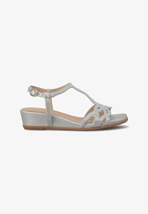 Sandalias de cuña plateadas con diseño de tira en T, adornadas con piedras de imitación, con correa de tobillo ajustable y suela de goma.