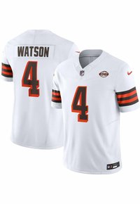 Weißes Football-Trikot mit schwarzen und orangenen Akzenten. Auf der Vorder- und Rückseite ist eine große "4" abgebildet, dazu der Name "WATSON" auf dem oberen Rücken und ein NFL-Logo.