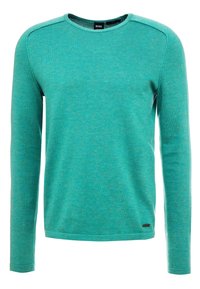 Långärmad tröja i teal, rundad hals design, tillverkad av mjukt stickat tyg med en subtil textur och kontrasterande axelsömmar.