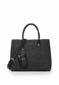 Borsa a tracolla nera realizzata in tessuto testurizzato con dettagli in pelle nera, dotata di due manici, una tracolla removibile e una piccola pochette attaccata.
