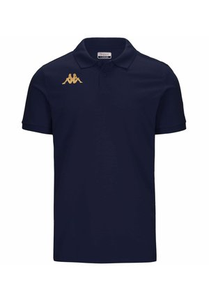 Polo shirt blu navy realizzato in tessuto traspirante, con un colletto a tre bottoni e un logo dorato sul lato sinistro del petto. Maniche corte.