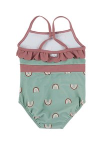 Badeanzug mit mintgrünem Grundton und wiederholtem Regenbogenmuster. Er hat einen pinken gewellten Saum und ein Doppelträger-Design. Glattes, dehnbares Gewebe.