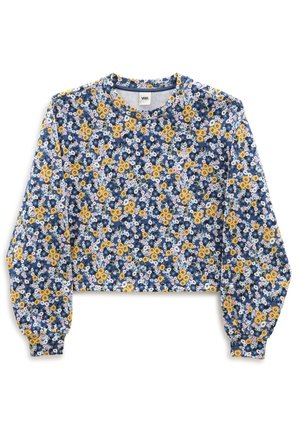 Langærmet crop top med lille blomsterprint i blå, gul og hvid og rund halsudskæring.