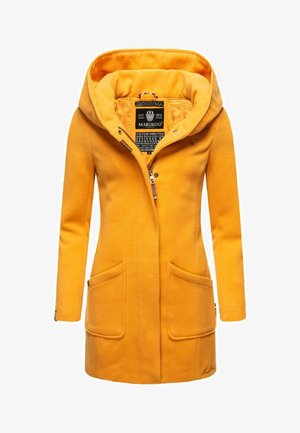 Yellow fleece jacket with a hood, front zip closure, two large pockets, and logo detail. Soft texture with contrasting interior finish.