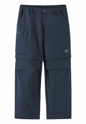 Pantalones cargo convertibles azul marino con cintura elástica, cierre de botón, bolsillo lateral con cremallera y piernas con cremallera para opción de pantalones cortos.