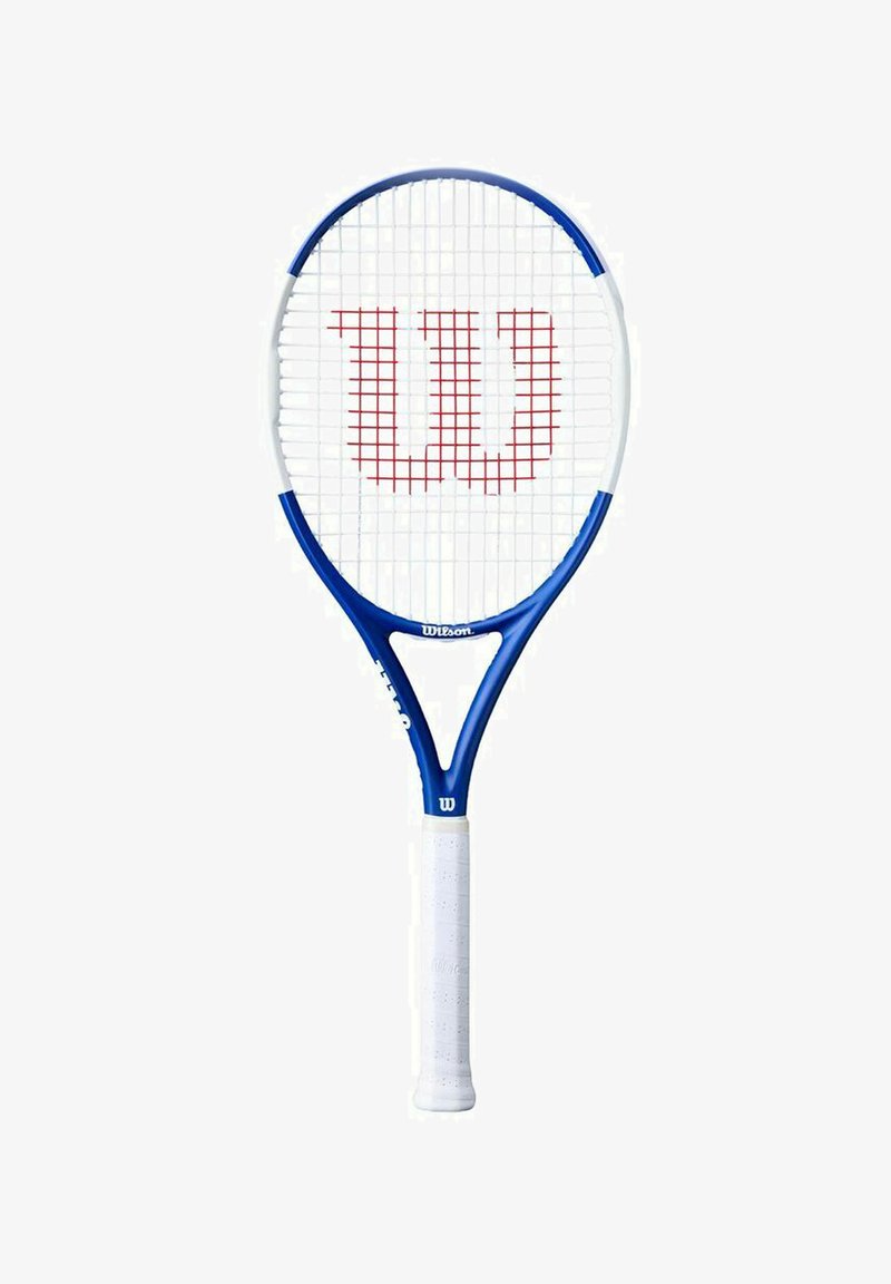 Blau-weiße Tenniscoach mit einem strukturierten weißen Griff. Verfügt über einen großen ovalen Kopf und ein rotes 'Wilson'-Logo auf den Saiten.