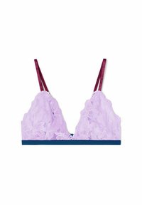 Bralette in pizzo di un leggero lavanda con motivo floreale, dotato di spalline bordeaux e di un elastico blu navy alla base.