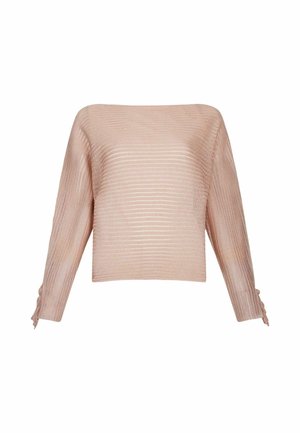 Lichtroze longsleeve trui met een boxy pasvorm, horizontale ribbeltextuur en strikdetail bij de manchetten. Zacht, lichtgewicht materiaal.