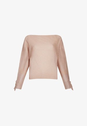 Suéter de manga larga rosa claro con un ajuste boxy, textura de canalé horizontal y un detalle de lazo en los puños. Material suave y ligero.