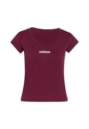 Camiseta de manga corta color burdeos hecha de tela suave, con un escote redondeado y un logo blanco de "adidas" en el frente.