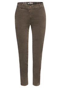 Pantalon marron coupe slim avec deux boutons, passants pour ceinture, poches avant et ceinture intérieure à carreaux.