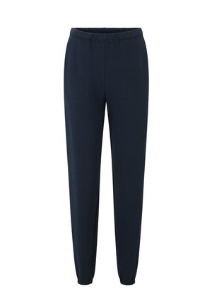 Navy blauwe joggingbroek gemaakt van zacht materiaal, met een elastische tailleband en manchetten, in een rechte pasvorm en zonder zichtbare patronen.