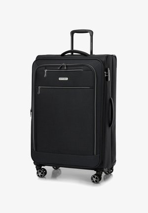 Valigia nera con un esterno in tessuto resistente, due tasche anteriori con zip, manico retrattile e quattro ruote girevoli per una facile mobilità.