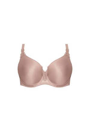 Jasnoróżowy gładki biustonosz z fiszbinami, z koronkowymi zdobieniami na ramiączkach i w centralnej części z przodu, z formowanymi miseczkami oraz regulowanymi ramiączkami.