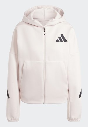 Felpa leggera rosa chiaro con zip, cappuccio con cordino, tasca a marsupio e accenti neri del logo Adidas sul petto e sulle maniche. Texture liscia.
