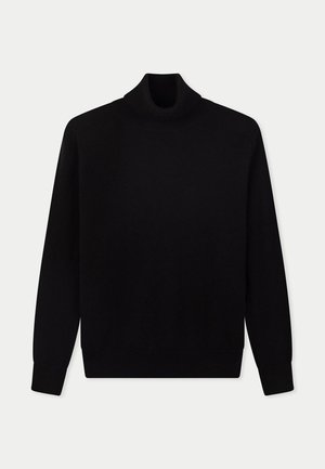 Black long-sleeve turtleneck sweater with ribbed collar, cuffs, and hem, displayed flat on a light background.