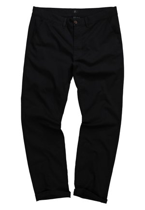 Zwarte katoenen chinos met een ontspannen pasvorm, voorzien van een knoopsluiting, opgerolde mouwen en subtiele stikdetails. Soepele textuur en minimalistisch ontwerp.