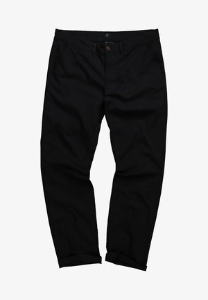 Mustat puuvillachinos-housut rentoilla mitoilla, joissa on nappisulku, käännetyt lahkeet ja hienovaraiset ommelkustannukset. Silkkinen rakenne ja minimalistinen muotoilu.