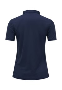 Navyblaues Poloshirt mit kurzen Ärmeln, Kragen und glatter Textur. Hat ein tailliertes Design, geeignet für legere oder semi-formelle Anlässe.