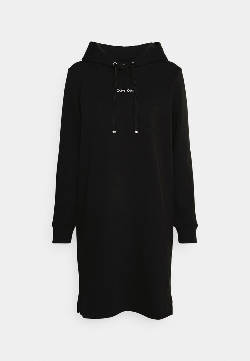 Robe à capuche noire à manches longues avec cordons sur le devant et petit logo blanc "Calvin Klein" centré sur la poitrine.
