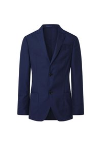 Marinblå blazer i strukturerad tyg, med en enkelknäppt design, två framfickor och svarta knappar. Slät texture och modern passform.