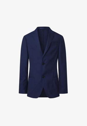 Marineblazer van gestructureerde stof, met een enkelvoudige knoopsluiting, twee voorkantzakken en zwarte knopen. Gladde textuur en moderne pasvorm.