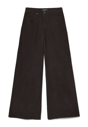 Pantalons évasés en velours côtelé marron foncé. Les caractéristiques incluent une fermeture à bouton, des poches avant et une surface texturée.