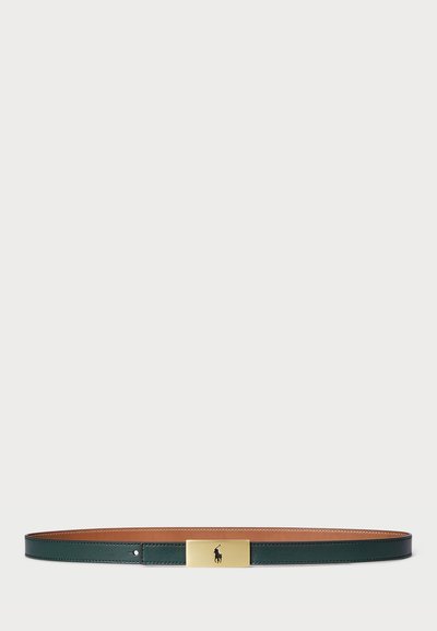 Leather belt in dark green with a smooth texture, featuring a gold metal buckle and embossed logo. Interior is tan-colored.