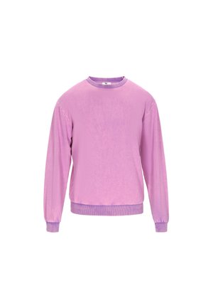 Violetinis megztinis su ilgomis rankovėmis, apvaliu kaklu ir raukšlėtais rankogaliais; minkšta medžiaga su šiek tiek išblukusiu, tekstūruotu paviršiumi.