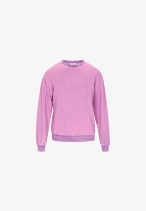 Violetinis megztinis su ilgomis rankovėmis, apvaliu kaklu ir raukšlėtais rankogaliais; minkšta medžiaga su šiek tiek išblukusiu, tekstūruotu paviršiumi.