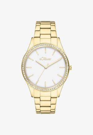 Uhr aus goldfarbenem Metall mit Gliederarmband, weißem Zifferblatt und mit Kristallen besetzter Lünette. Verfügt über goldfarbene Stundenmarkierungen und s.Oliver-Branding.