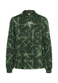 Žalia palaidinė iš lengvos medžiagos su gėlėtą raštą ir subtilų tie-dye efektą. Yra sagų siūlė ir elastinės rankogaliai.