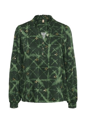 Žalia palaidinė iš lengvos medžiagos su gėlėtą raštą ir subtilų tie-dye efektą. Yra sagų siūlė ir elastinės rankogaliai.