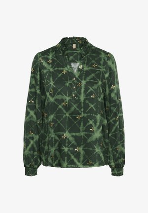 Roheline pluus kergest kangast, lillemustriga ja peene batikriidest efektiga. Omaduseks nööpidega kaunistatud keskosa ja elastsed mansetid.