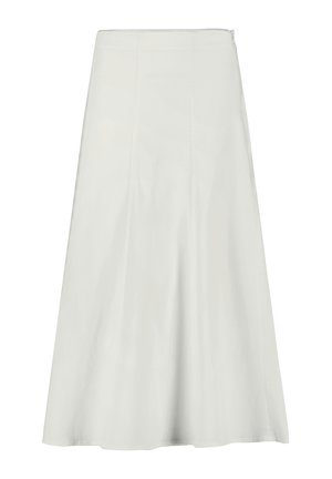 Longue jupe blanche taille A avec coutures en panneaux et fermeture éclair latérale, tissu lisse et ourlet au sol.