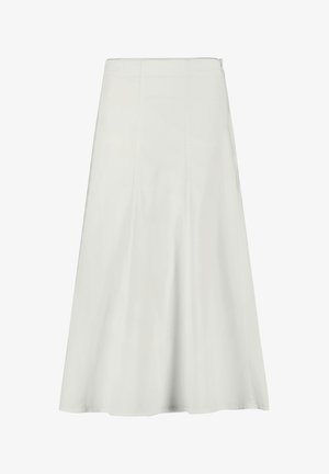 Longue jupe blanche taille A avec coutures en panneaux et fermeture éclair latérale, tissu lisse et ourlet au sol.