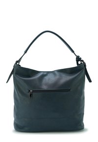 Donkerblauwe leren handtas met een slouchy ontwerp, voorzien van een afneembare schouderband en een voorvak met rits voor extra opbergruimte.