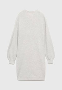 Abito maglione grigio chiaro con maniche lunghe a palloncino e scollatura rotonda, realizzato in un tessuto a maglia testurizzato e con una vestibilità comoda.