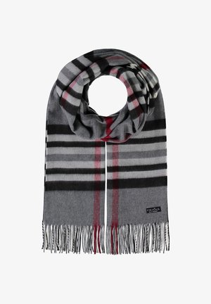 Gråt tørklæde med sort, hvid og rød ternet mønster, frynsekant og et lille sort mærke på den ene ende.