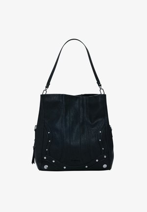 Must mustruks nahkainene kott, millel on tekstuurne pind, kumer disain, metallist nupud alumisel äärel ja üks õlavarre rihm.