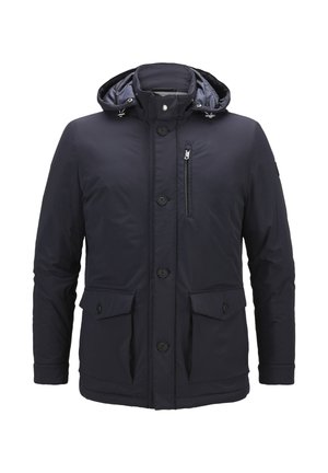 Marineblaue Steppjacke mit Kapuze, Frontknöpfen, zwei großen Taschen und einer mit Reißverschluss versehenen Brusttasche; aus glattem, wasserdichtem Material gefertigt.