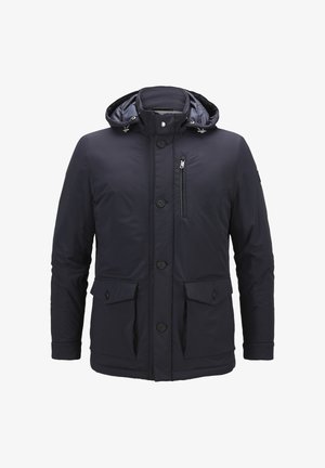 Marineblaue Steppjacke mit Kapuze, Frontknöpfen, zwei großen Taschen und einer mit Reißverschluss versehenen Brusttasche; aus glattem, wasserdichtem Material gefertigt.