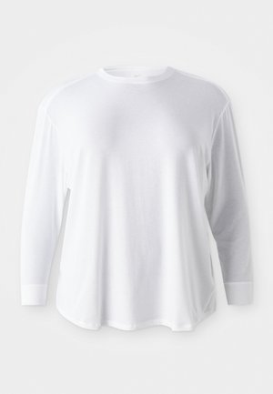 Plain white long-sleeve crewneck shirt with ribbed cuffs, displayed on a flat light background.
