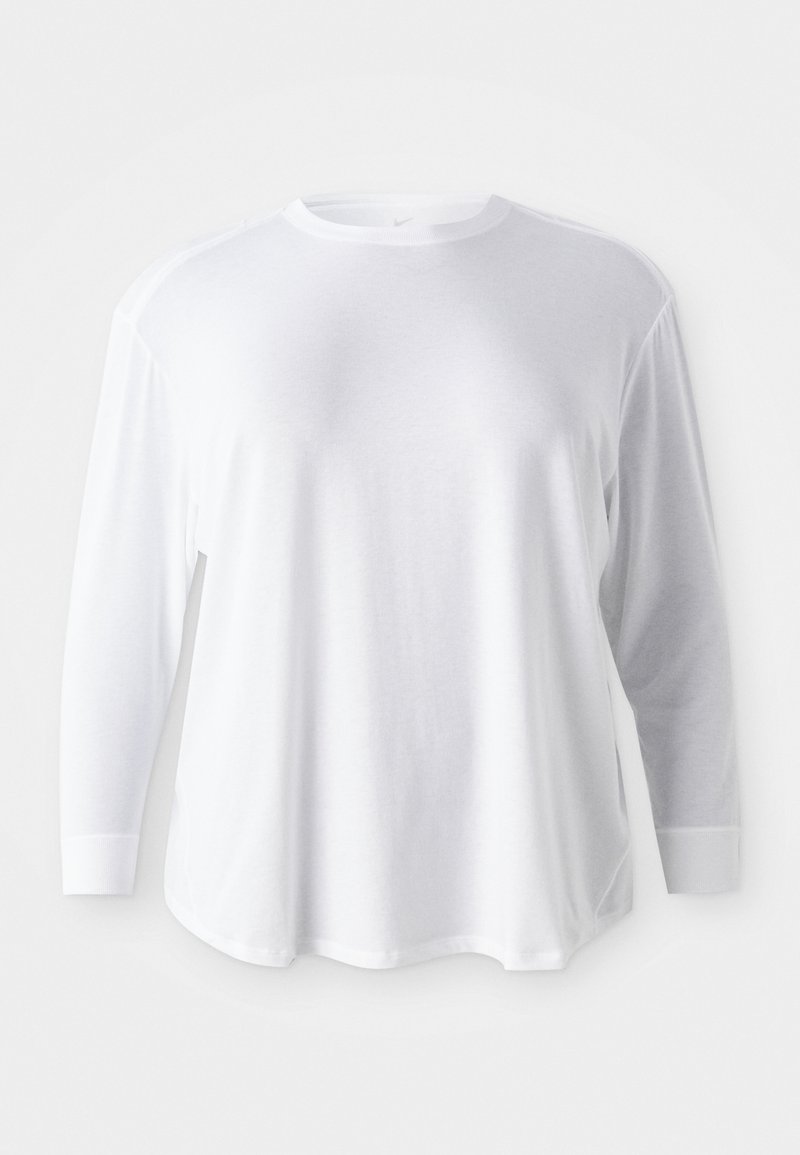 Plain white long-sleeve crewneck shirt with ribbed cuffs, displayed on a flat light background.