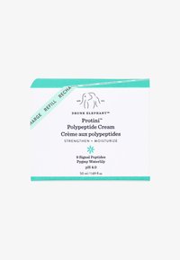 Drunk Elephant Protini Polypeptide Cream packaging; cardboard box features a white background with turquoise accents and black text, squared shape.