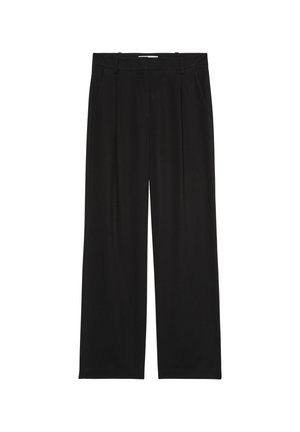 Svart vida byxor i mjukt tyg, med veck, enfaldig front och bälteshällor. Enkel och mångsidig design utan mönster.