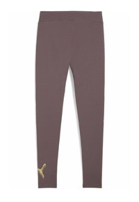 Lila hochgeschnittene Leggings mit einem kleinen gelben Puma-Logo nahe dem unteren Saum am linken Bein, flach liegend auf einem weißen Hintergrund.